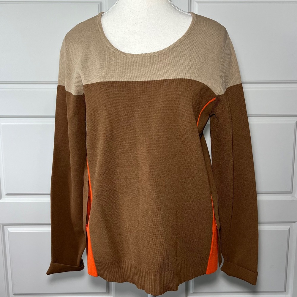 Seventy Venezia Colorblock‎ Sweater Brown Beige Orange Trim Button Accent Medium